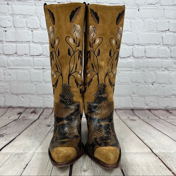 Antonio Melani Brown Suede and Snakeskin Floral Embroidery Heeled Cowboy Boots - Picture 13 of 16